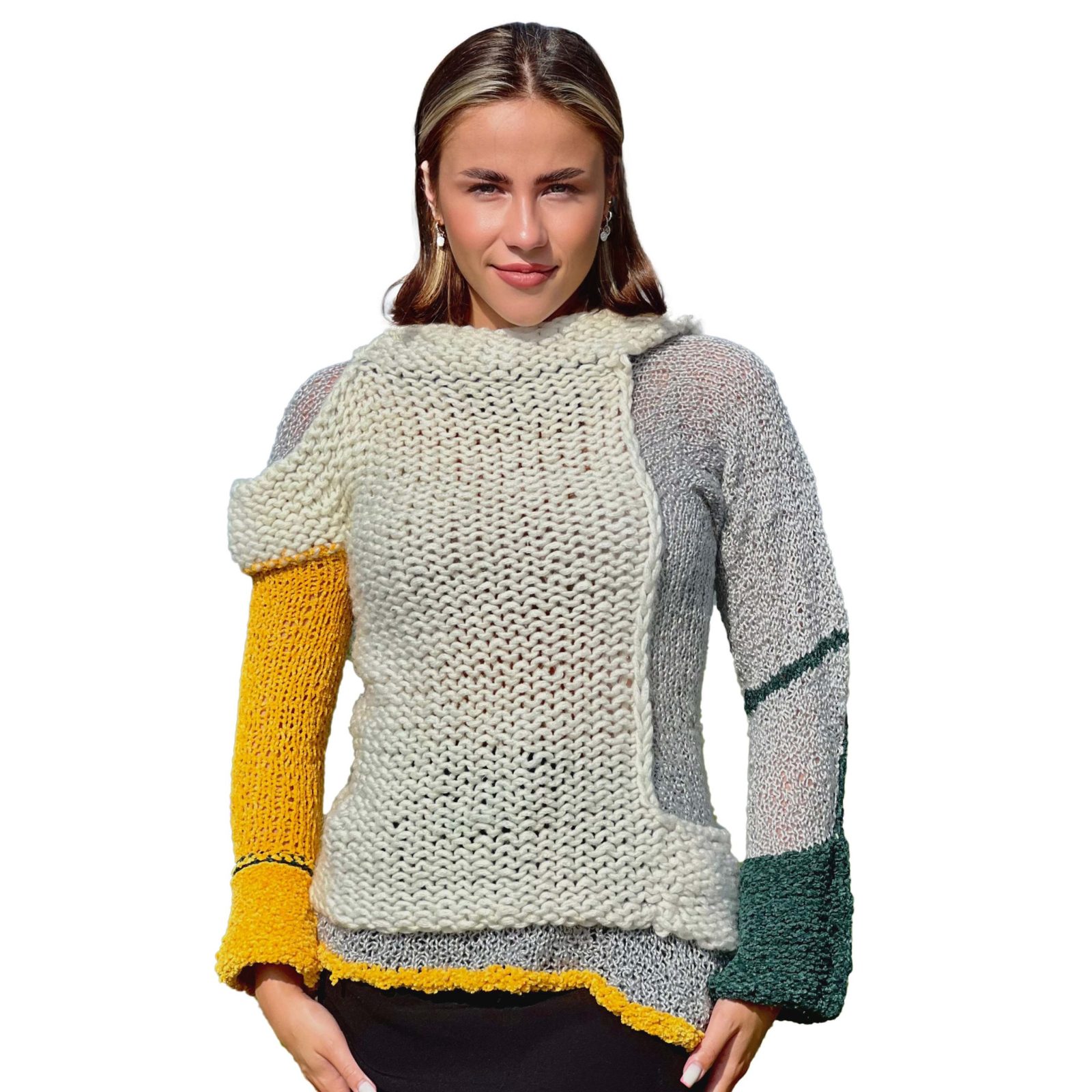 Asymmetric sleeve detail on Artisan Harmony sweater emphasizing sculptural form
