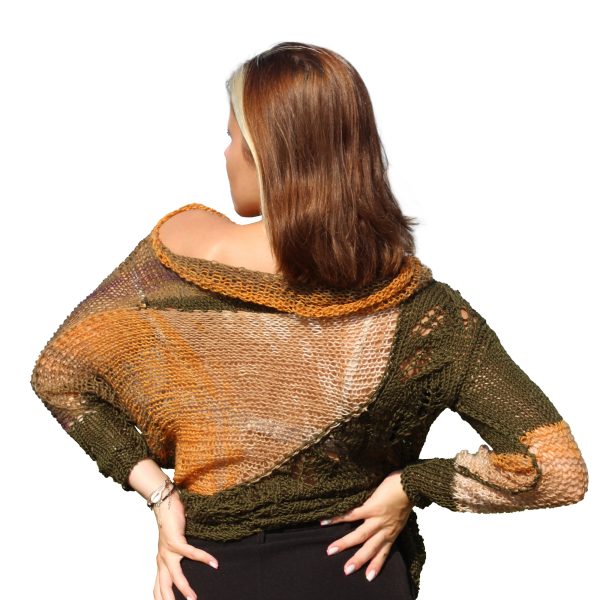 Autumn Whisper asymmetric sweater with hints of rust and moss green