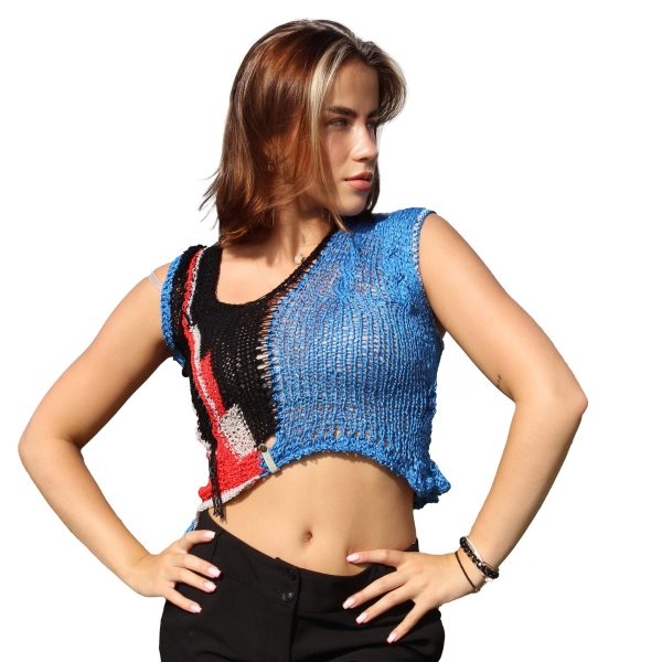 Azure Blaze reversible knit with bold blue gradient and asymmetrical cut