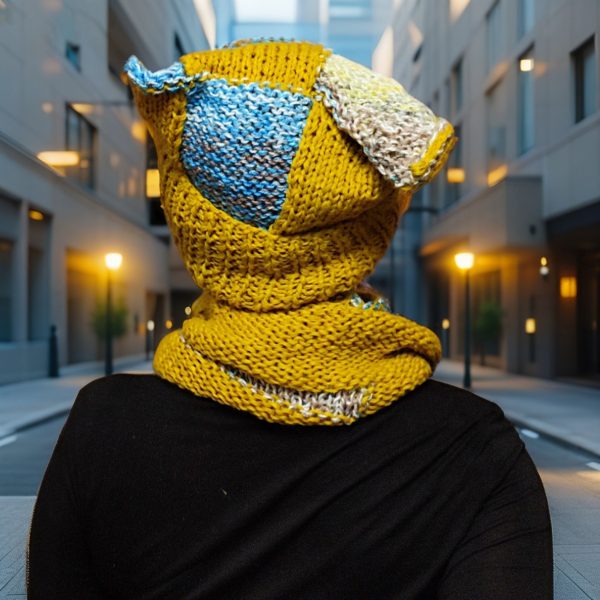 Back view of Chaotic Squirrel snood, reversible design with light brown accents