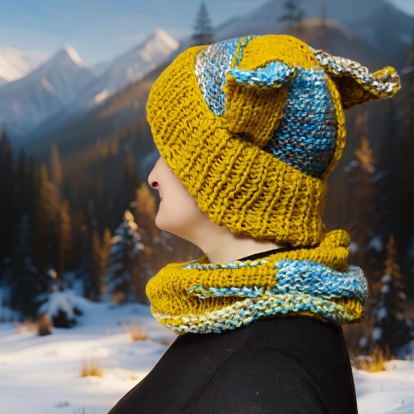 Chaotic Squirrel hat in outdoor autumn setting, showcasing bold mixed colors