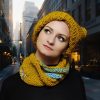 Chaotic Squirrel hat and snood in soft yellow and pale blue tones, reversible look