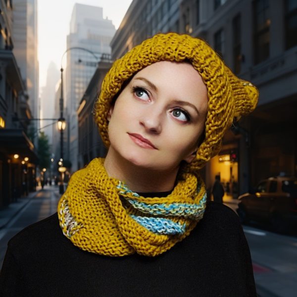 Chaotic Squirrel hat and snood in soft yellow and pale blue tones, reversible look
