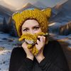 Chaotic Squirrel hat and snood in muddy yellow and blue shades, playful and reversible style