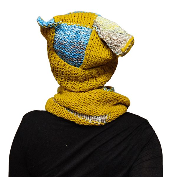Chaotic Squirrel snood looped around neck, playful and unique color arrangement