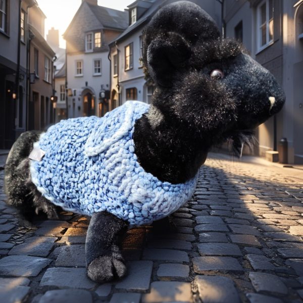 Chic Bow Bliss, playful dog in Mixed Moods mohair, magical bow, Rebel Spirit mood