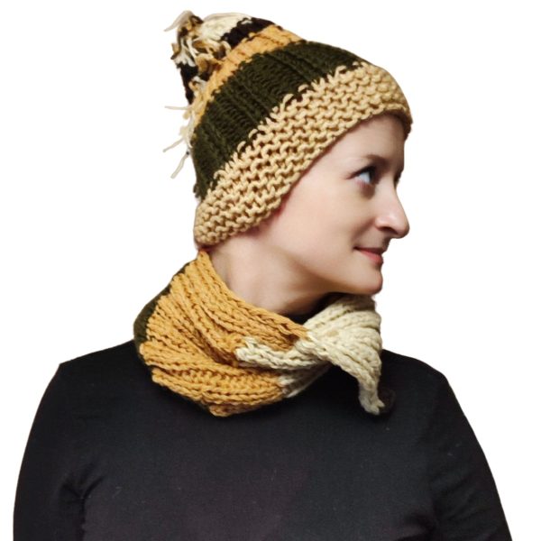 City Nomad hat and snood set in beige, dark green, and deep taupe with asymmetrical design