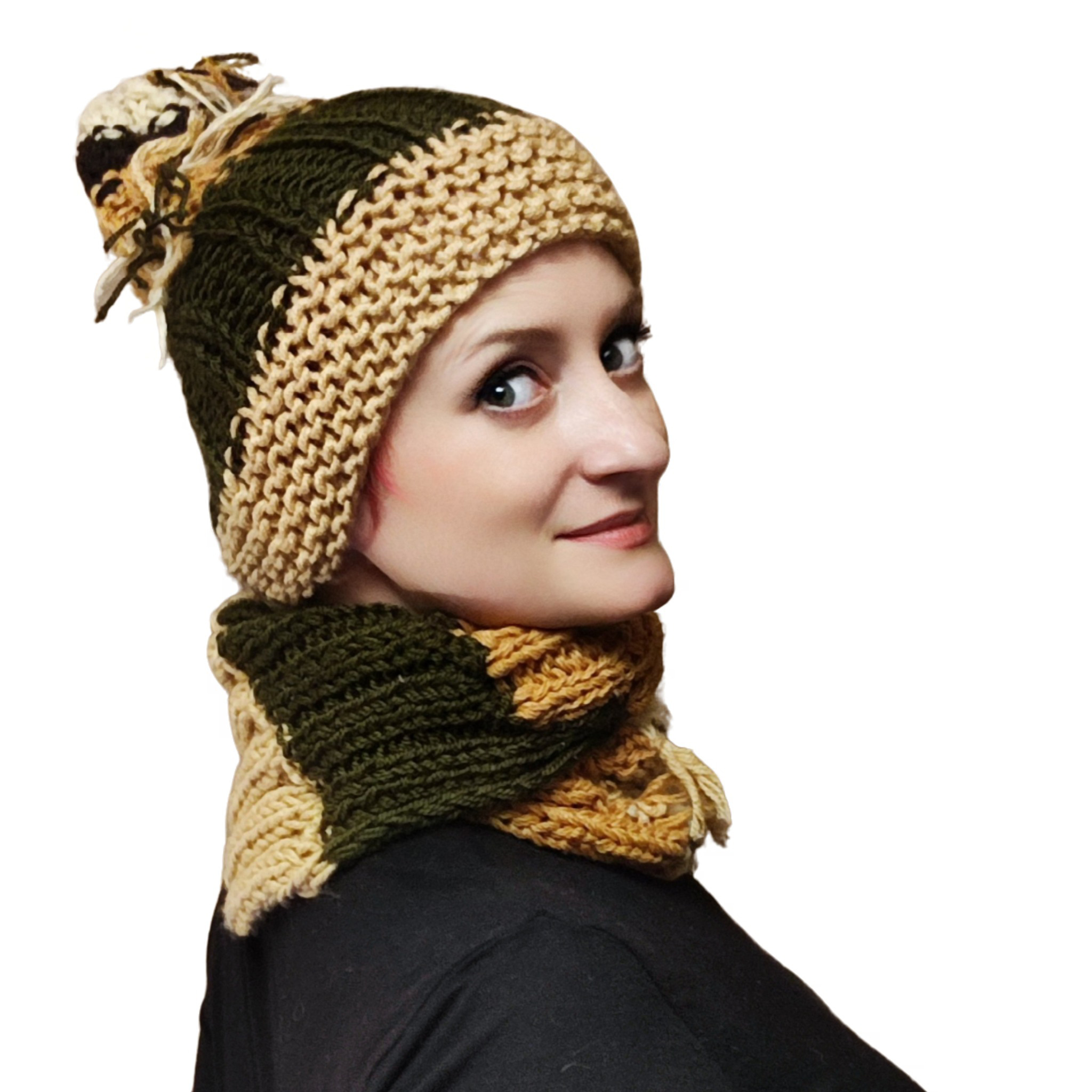 City Nomad reversible knit ensemble in beige, dark green, and deep taupe