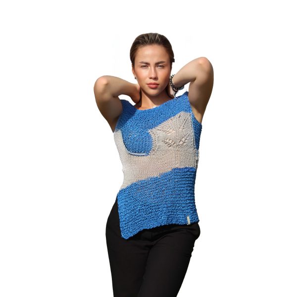 Electric Frost asymmetrical knit top in pale blue and shimmering gray tones