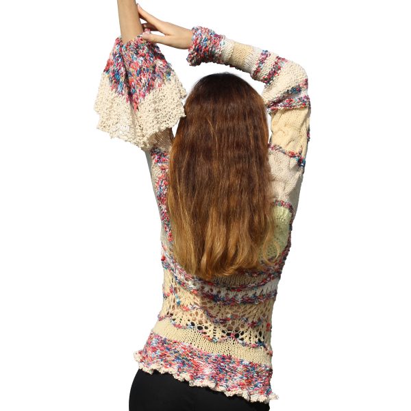 Elegant Burst cozy reversible sweater with mismatched sleeves and lively color contrast