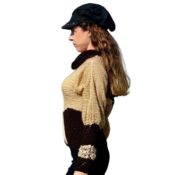 Elegant Contrast reversible knit in beige and dark chocolate with lurex spark accents and mismatched sleeves
