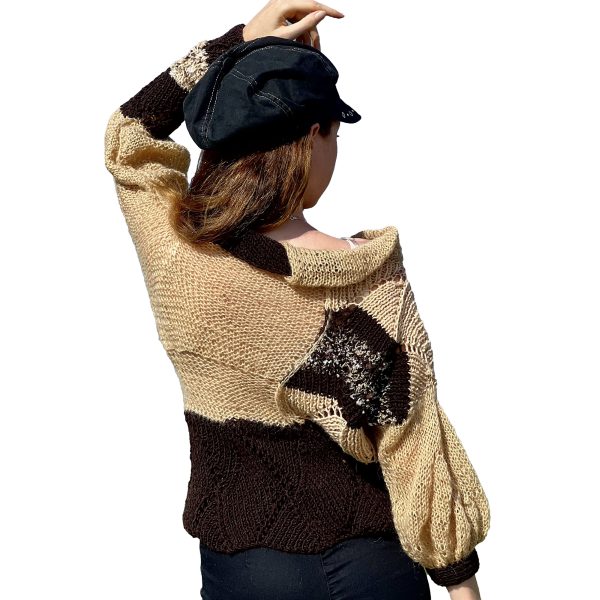 Elegant Contrast cozy beige and deep chocolate knit with subtle sparkle, playful dual textures