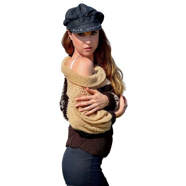 Elegant Contrast soft textured sweater combining asymmetry and shimmering details in mid-season tones