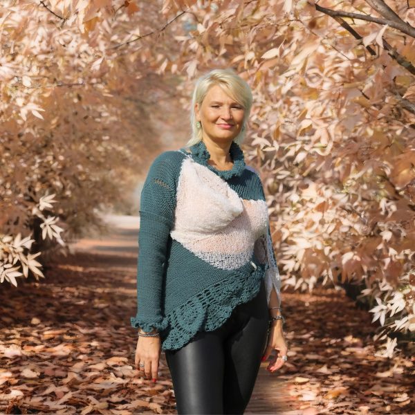 Model wearing Enchanted Moss with asymmetric sleeves