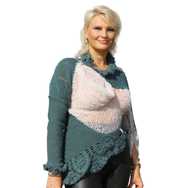 Enchanted Moss sweater styled with casual trousers