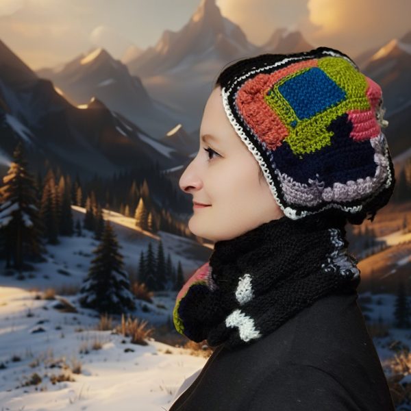 Flip the Shade hat and snood set, color blocks in white, blue, green, pink, orange.