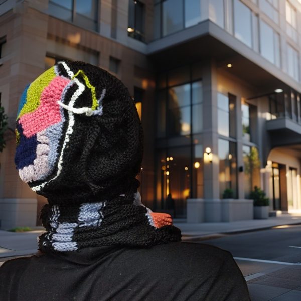 Flip the Shade hat and snood, vibrant color pops against black, playful winter look.