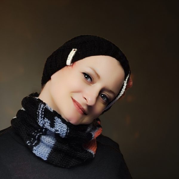 Flip the Shade cozy hat and snood, color block design, urban chic.
