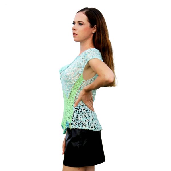 Soft patchwork yarn blend top with playful asymmetrical cut