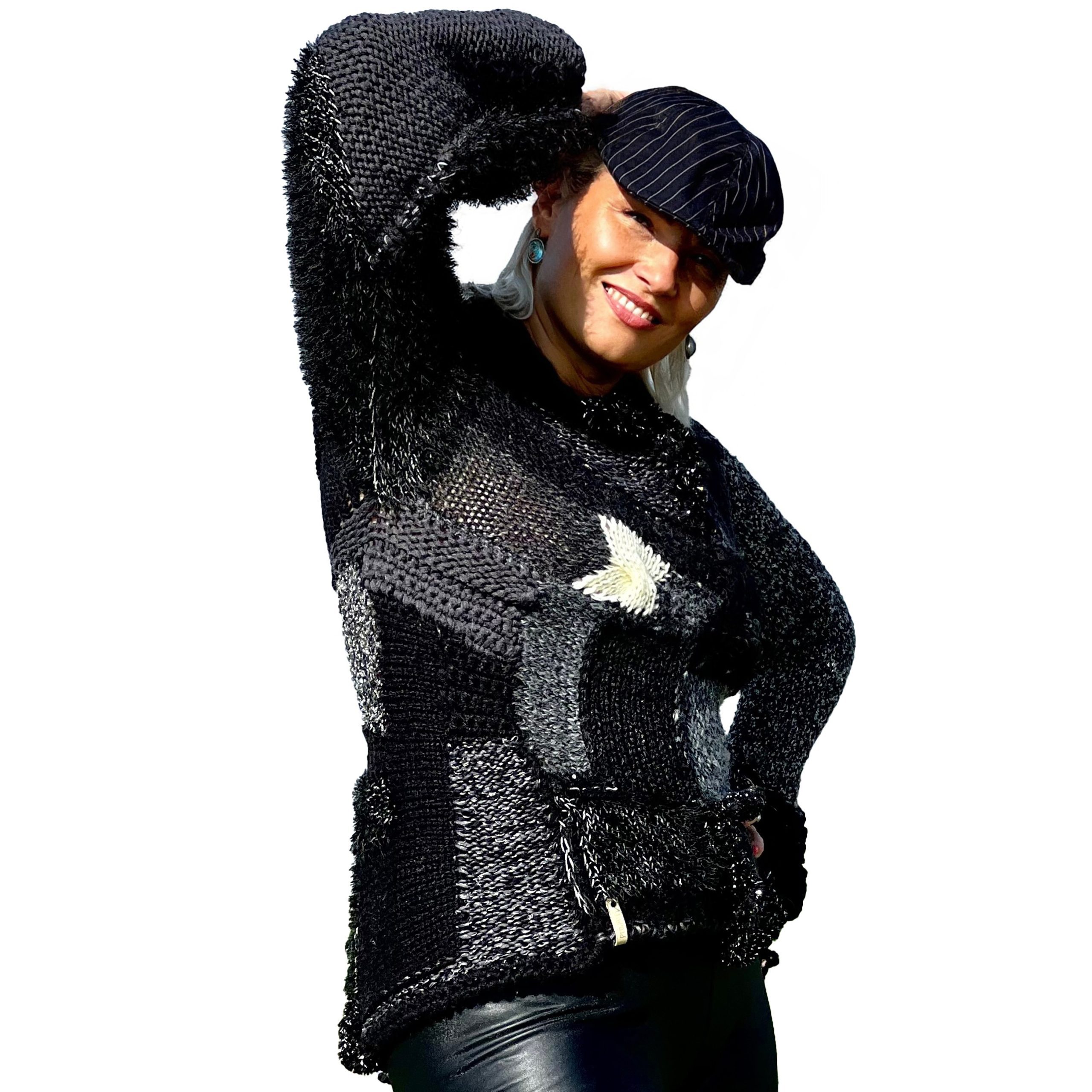 Chaos Point sweater — gray knit sweater with black patchwork and white spot, asymmetric design.