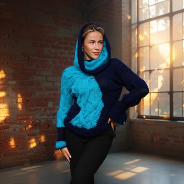 Comfortable yet striking sweater with textured yarn contrasts and layering