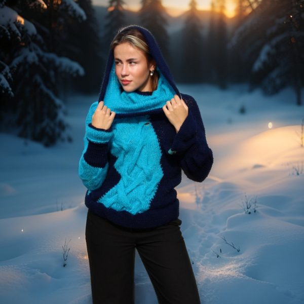 Fashion-forward reversible sweater with sculptural collar and sleek silhouette