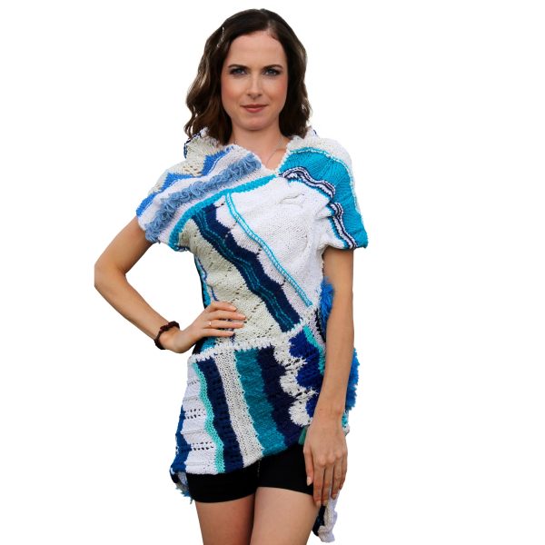 Ocean Whispers fitted elongated top in deep blue, light blue, white, beige, spiral-inspired asymmetrical knit, handmade, airy and playful