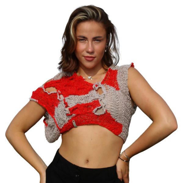 Fiery Allure - Sculptural red knit top with metallic gray accents