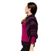 Asymmetric knitwear in plum and black with violet shimmer.