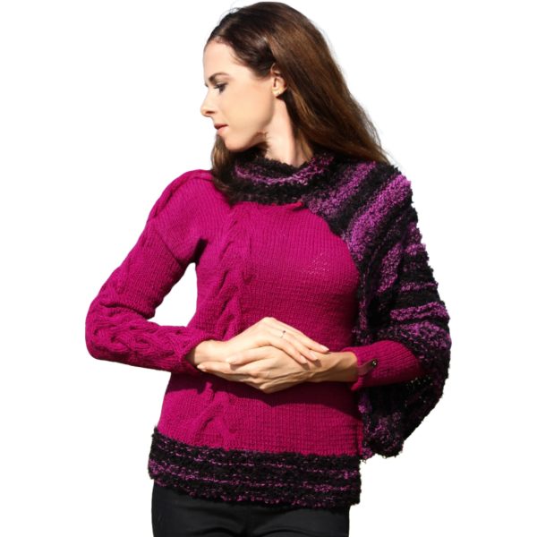 Plum Cascade - Elegant fitted sweater in deep plum with dramatic black bouclé detail.