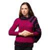 Plum Cascade – deep plum asymmetric sweater with black bouclé cape sleeve and sculptural cables.