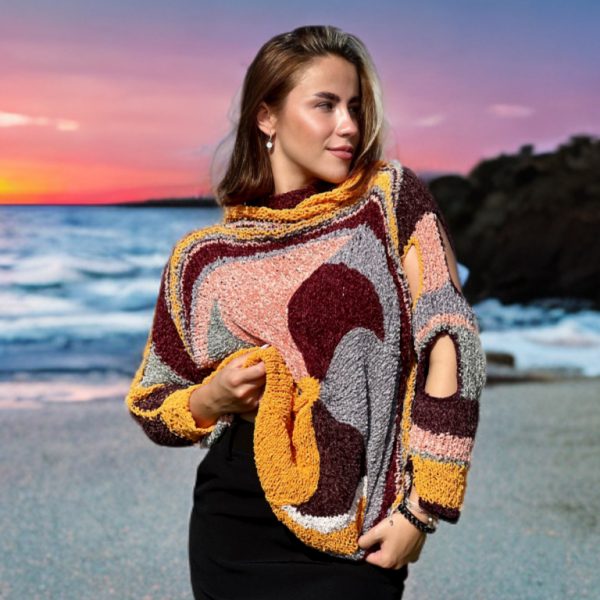 Plush Enigma featuring plush fabrics in layered colors of burgundy, brown, gray, pink, and orange.