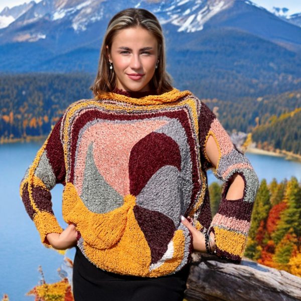 Plush Enigma with round sleeve cut-outs, soft gray spirals, and warm orange highlights.