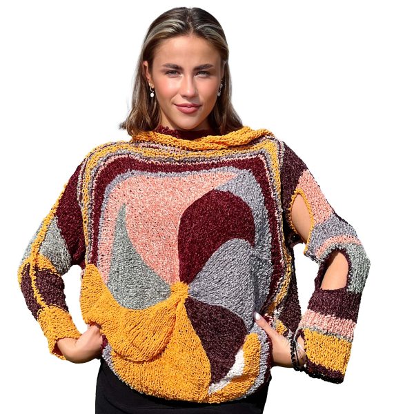 Plush Enigma featuring spiraling orange and gray lines, highlighting the playful tension of color and pattern.