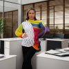 Radiant Calm highlighting fitted silhouette and asymmetric sleeves, merging clarity and allure.