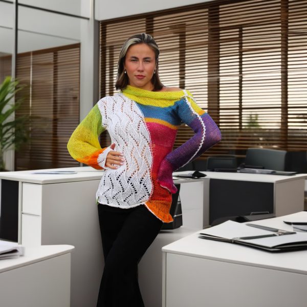 Radiant Calm highlighting fitted silhouette and asymmetric sleeves, merging clarity and allure.