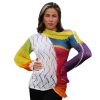 Sweater Radiant Calm — fitted silhouette with rainbow mohair and white lace, asymmetric composition.