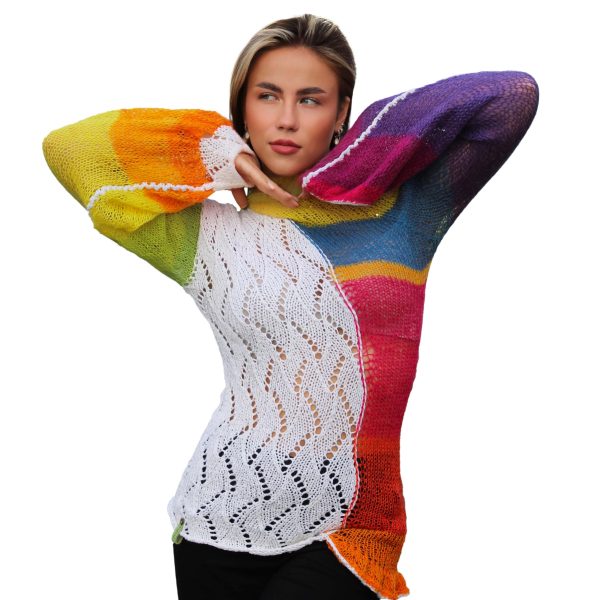 Radiant Calm with tactile contrast of delicate openwork and mohair gradient, blending lightness and depth.