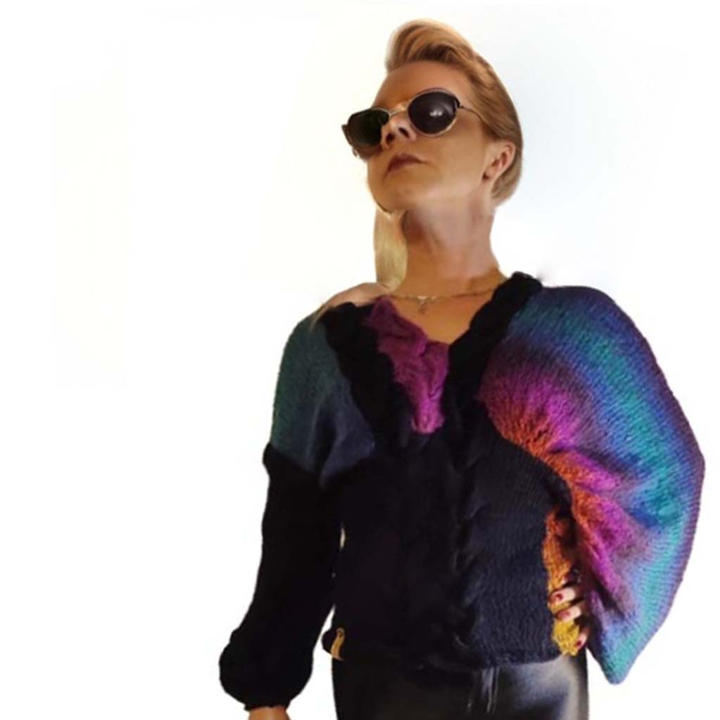 Rainbow Radiance pullover with one structured sleeve, mohair gradient mimicking last rays of sun.