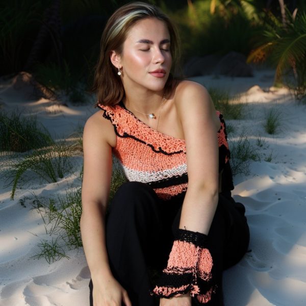 Rosy Cascade light acrylic top, pink, black and white accents, perfect for warm weather