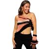 Rosy Cascade one-shoulder top in soft pink with subtle black and white inserts, small ruffles, single-arm cuff