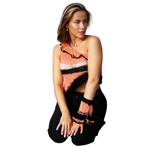 Rosy Cascade feminine pink top, asymmetric cut with charming small ruffles