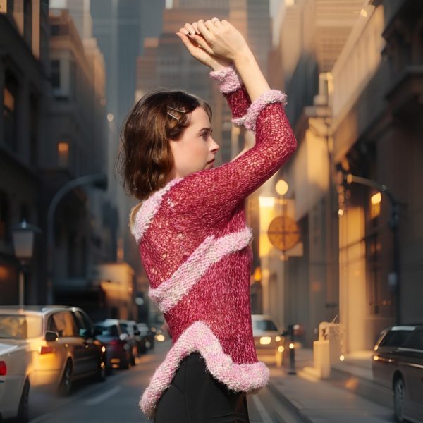 Rosy Dusk elegant sweater with contrasting burgundy and pink panels
