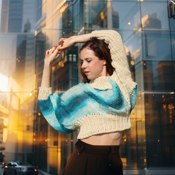 Seabreeze Dream gradient mohair sweater evoking sea foam and breeze