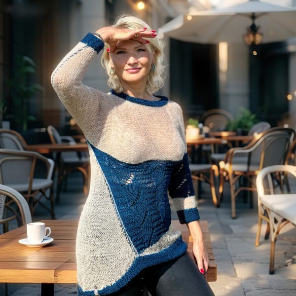 Serenity Wave Symphony airy sweater with turquoise panels, reversible and adaptable for city or nature