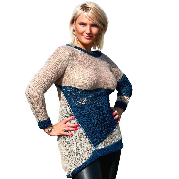 Serenity Wave Symphony beige sweater with turquoise patterns, soft texture and harmonious contrast