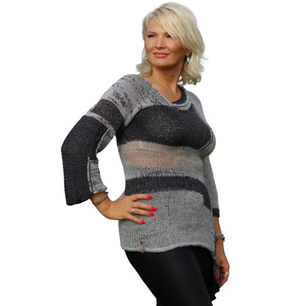 Silver Hues Symphony urban chic sweater with flowing tail, reversible style, and graceful silhouette