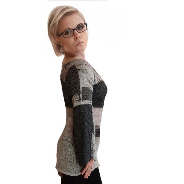 Silver Hues Symphony soft silver sweater with asymmetrical cut and delicate shimmering details