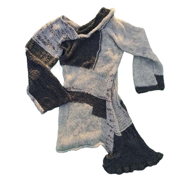 Silver Hues Symphony reversible sweater with asymmetrical silver panels and soft, elegant drape