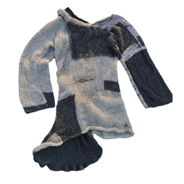 Silver Hues Symphony silver-toned sweater with flowing asymmetrical tail and elegant contrast panels